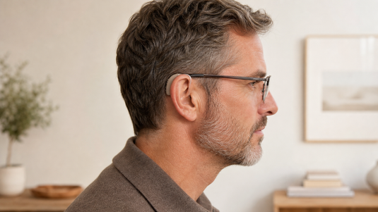 Wearing caption glasses with behind-the-ear hearing aids