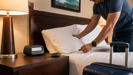 Travel bed shaker alarm clock setup in a hotel room