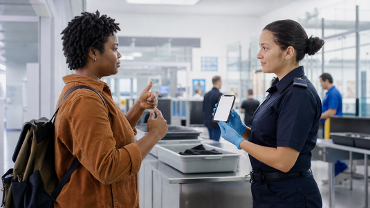 Airport security communication for deaf travelers at a screening checkpoint