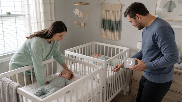 Baby cry alert setup for deaf parents of twins