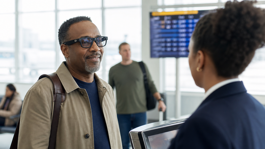 Caption glasses for airport announcements during a gate conversation