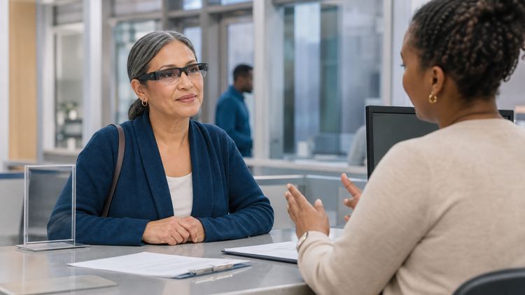 Caption glasses for DMV appointments at a driver-services counter