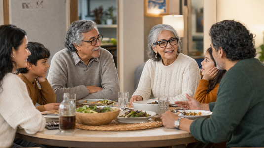 Caption glasses for family gatherings around a dinner table