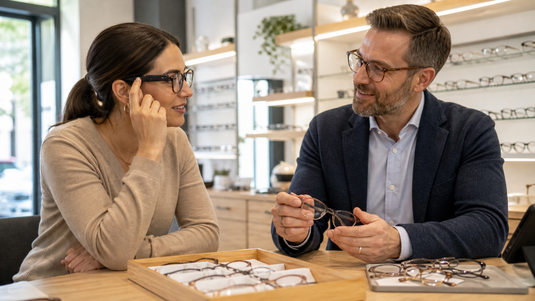 Caption glasses and prescription lens questions at an optician