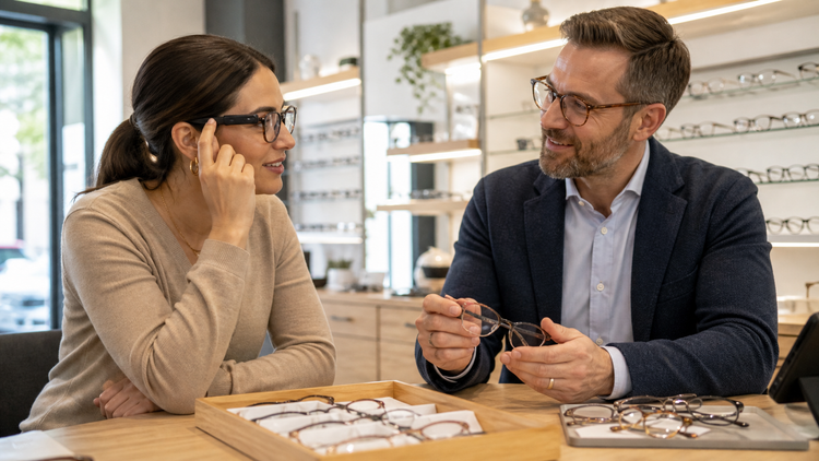 Caption glasses and prescription lens questions at an optician
