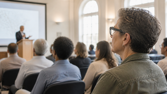 Caption glasses for town hall meetings during a public presentation