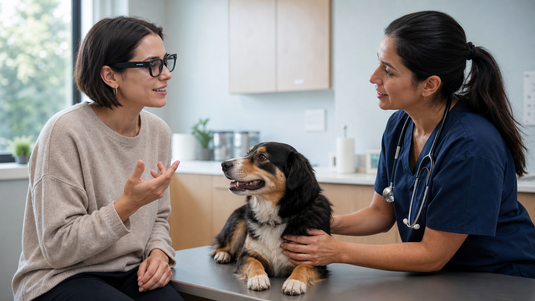 Caption glasses for veterinary appointments with a pet owner and veterinarian