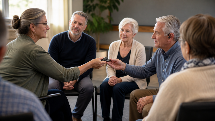 Clip on microphone for hearing loss support groups during a speaker handoff