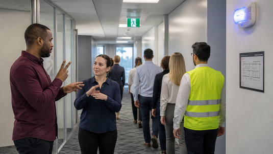 Workplace evacuation plan for deaf employees using visual alerts