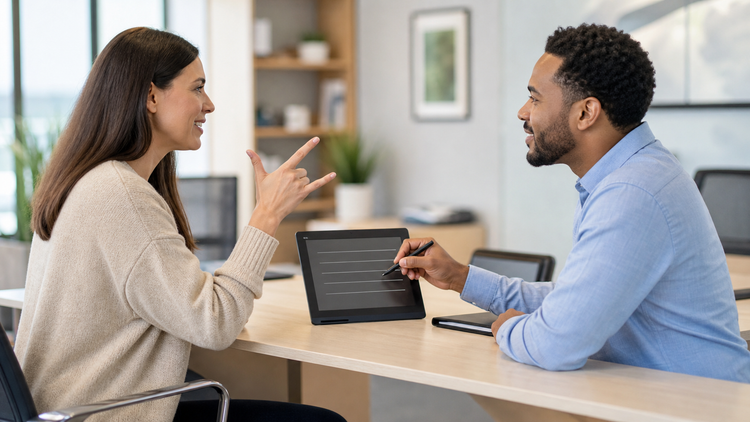 Communication tablet for deaf insurance claims at a service desk
