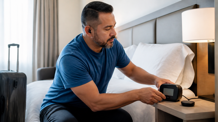 Vibrating alarm clock for hotel travel beside a guest bed