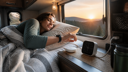 Vibrating alarm clock for deaf RV travelers beside a compact bed