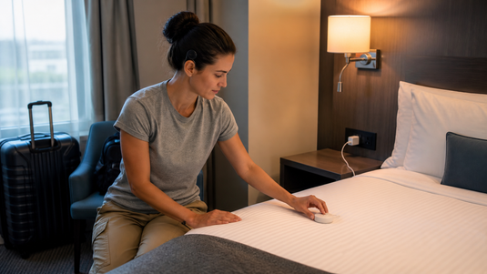 Vibrating alarm clock for deaf solo travelers in a hotel room