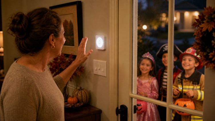 Visual doorbell for Halloween visitors at a busy front door