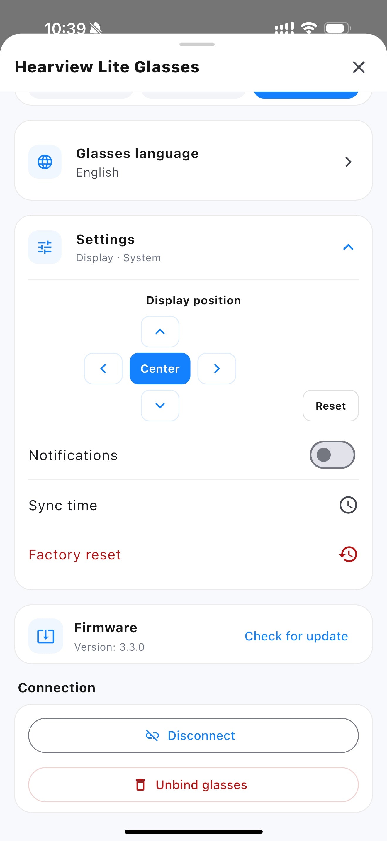 Hearview App settings for six caption positions inside the glasses